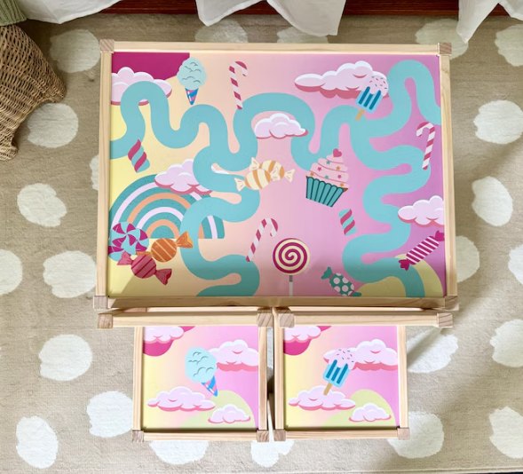 Candyland table decal on an IKEA LÄTT table